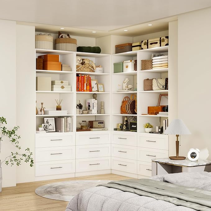 Closet System with 3 Drawers & 4 Shelves, Wood Closet Organizer System with 1 Extra Hanging Rod for Walk in Closet, Modular Closet Organizer System White(2FT)