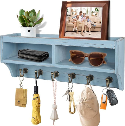 Key Holder Wall Mount with Mail Organizer, 6 Hooks & Shelf, Blue | Wood Key Holder Wall Mount with 6 Key Hooks, Shelf & Storage Box and Mail Organizer for Entryway, Apartment, Home and Office