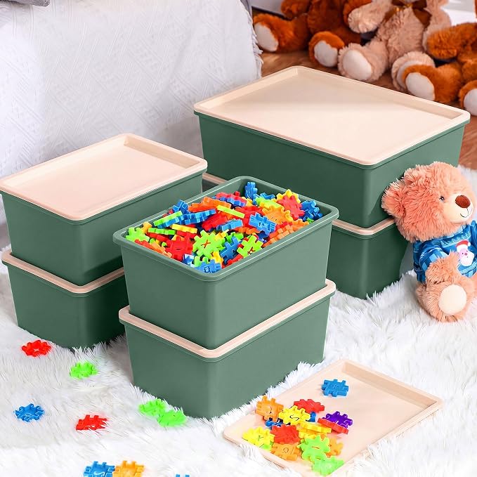 6 Pcs Large and Small Plastic Storage Bins with Lids 14.4 x 10.4 x 5.1 Inch Stackable Storage Containers Decorative Cubby Organizer for Clothes Shelves Garage Closet Office(Green)