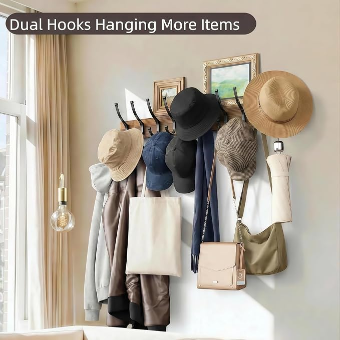 Optish 1 Pack Wooden Coat Rack Wall Mount, 16.1" Rustic Coat Hanger Hooks with 5 Double Hooks, Wall Coat Rack for Hat, Clothes, Bags, Jacket, Brown