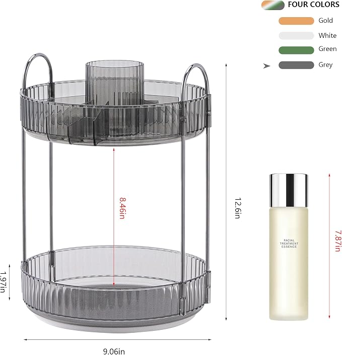 YCIA&DONE Rotating Makeup Organizer for Vanity, Large Capacity Make Up Storage Skin care Shelf Perfume Holders Cosmetic Dresser Organizer Countertop Spinning 360 (Smoky Gray, 2Tiers)