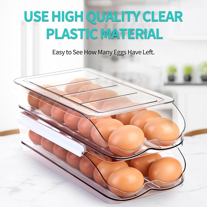 RoskDeewat Egg Holder for Fridge, Automatic Rolling Egg Container -1 Tier | Stackable Fridge Organizers and Storage with Lid, Sturdy Clear Plastic Egg Dispenser & Tray for Refrigerator