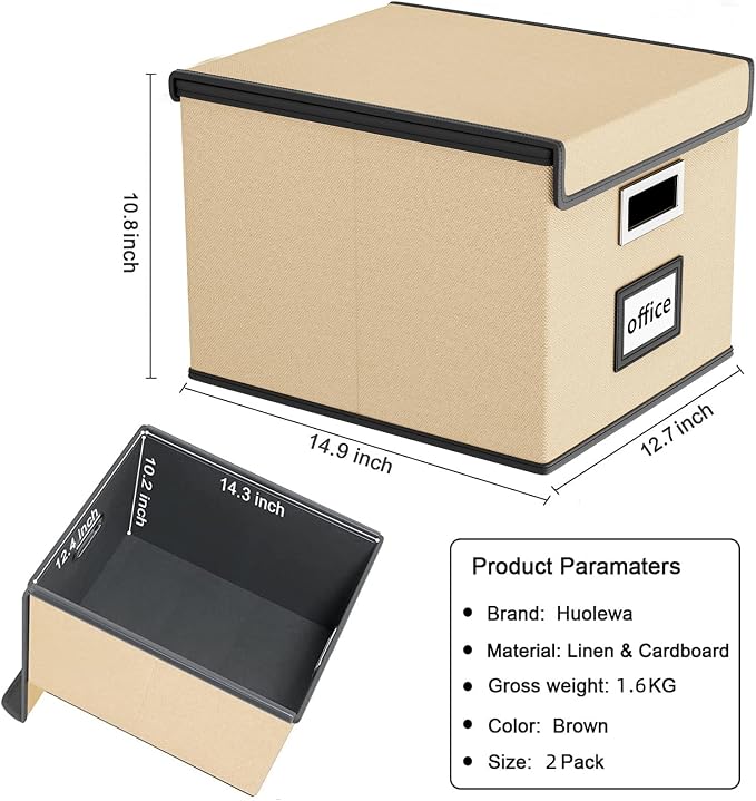 File Organizer Box with Lids, Collapsible File Folder Organizer | File Box with Plastic Slides for Office Document Storage, Filing Bin for Letter Size Hanging File Folders (2 Pack, Brown)