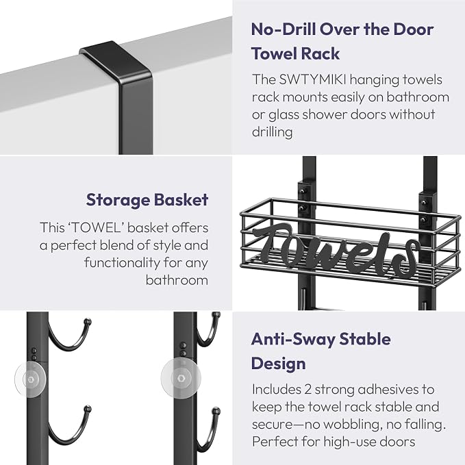 SWTYMIKI Hanging Towel Racks for Bathroom - 6 Tier Over The Door & Wall Mounted Bath Rolled Towel Storage Organizer Holder for Small Bathroom, RV, Camper, Black (Patented)