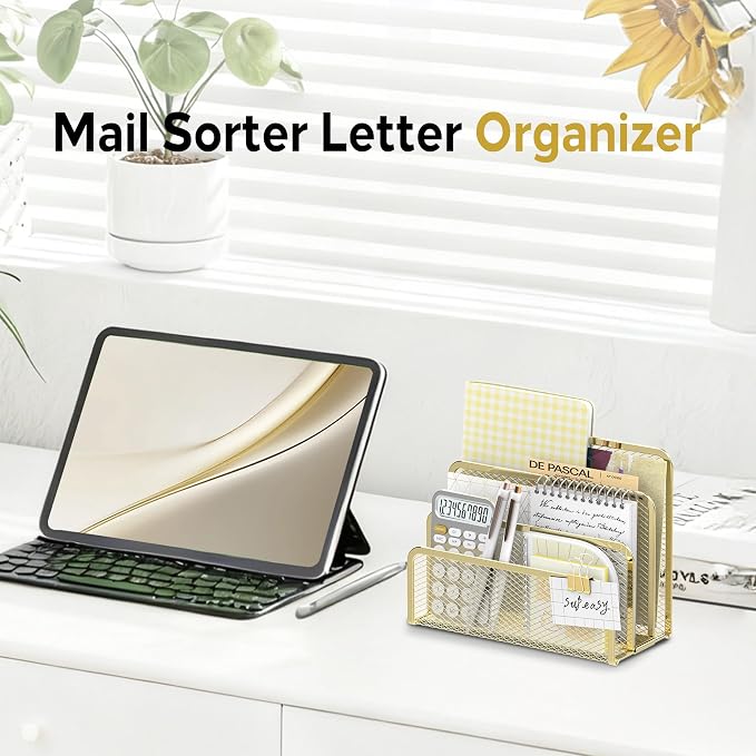 Mail Organizer Countertop for Desk, Mail File Holder with 3-Slot, Gold | Metal Mesh Mail Sorter for Letters, Envelopes, Bills, and Files for Home Offices, Classroom Organization