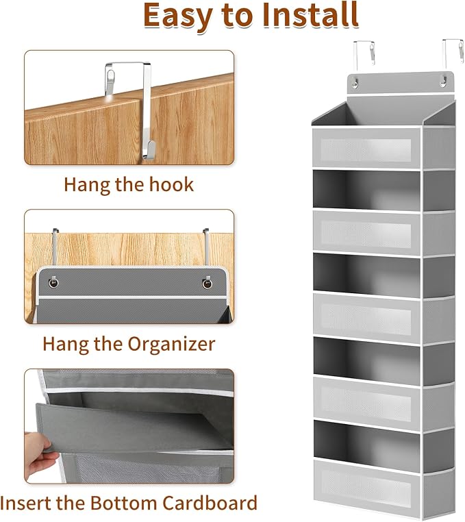 AQOOA 5-Tier Over The Door Organizer 44 lbs Capacity fit Standard Doors | Over the Door Storage 5 Large 10 Side Pockets, Closet Door Organizer Hanging Shelf for Closet Bathroom Bedroom Nursery, Grey