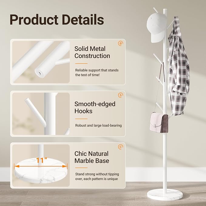 Coat Rack Freestanding, Metal Coat Rack with Natural Marble Base, White | 10 Hooks, 3 Adjustable Heights, Heavy Duty Coat Tree for Bags, Clothes, and Hats for Entryway, Bedroom, Hallway, Office