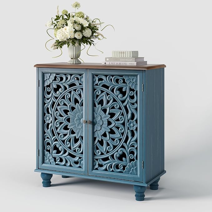 JOINICE 31" Accent Storage Cabinet with Mandala Carved Doors,Blue & Walnut | Carved Floral Design, Solid Wood Legs, Farmhouse Style, Versatile Storage for Living Room/Bedroom/Hallway, Adjustable Shelf