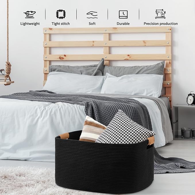 danpinera Large Woven Basket, 108 L Blanket Basket for Living Room, Nursery Bin for Toys Organizing & Laundry, Cotton Rope Hamper with Leather Handle, 25’’*16’’*16’’ Black