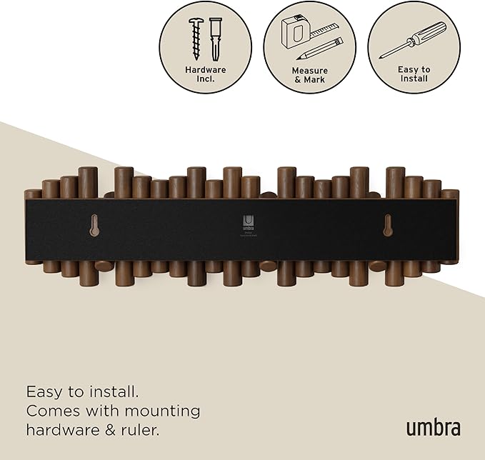Umbra Picket Coat Rack, Wall Mount 8 Flip-Down Coat Hooks, Walnut | Beveled pine wood dowels, supports up to 5 lbs, mounting hardware included, space saving