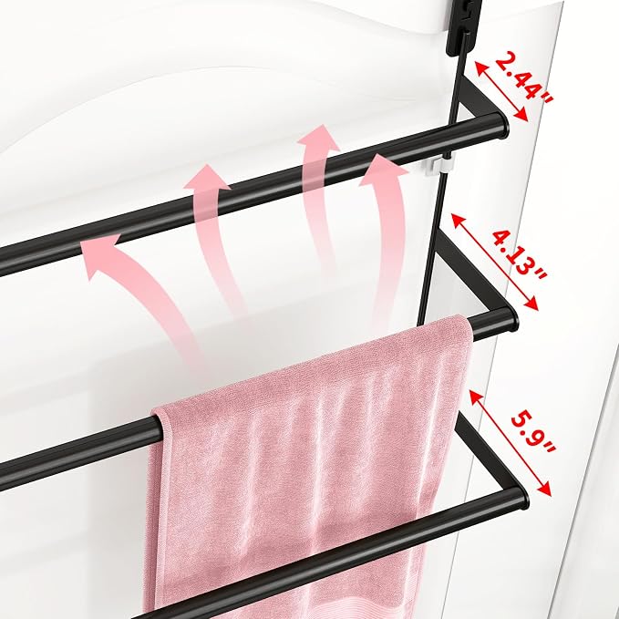 FLE Over The Door Towel Rack, Door Towel Bar, Black | Over Door Design, Stainless Steel Door Towel Rack, Rust-Resistant; Space-Saving for Bathroom, Hangs Bath Towels