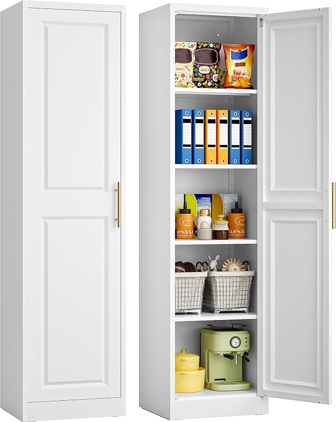 SISESOL 71" Tall Narrow Storage Cabinet with 1 Door and 5 Shelves,Slim Kitchen Pantry Cabinet,White Metal Bathroom Cabinets,Large Cupboard for Home,Kitchen,Laundry,Bathroom