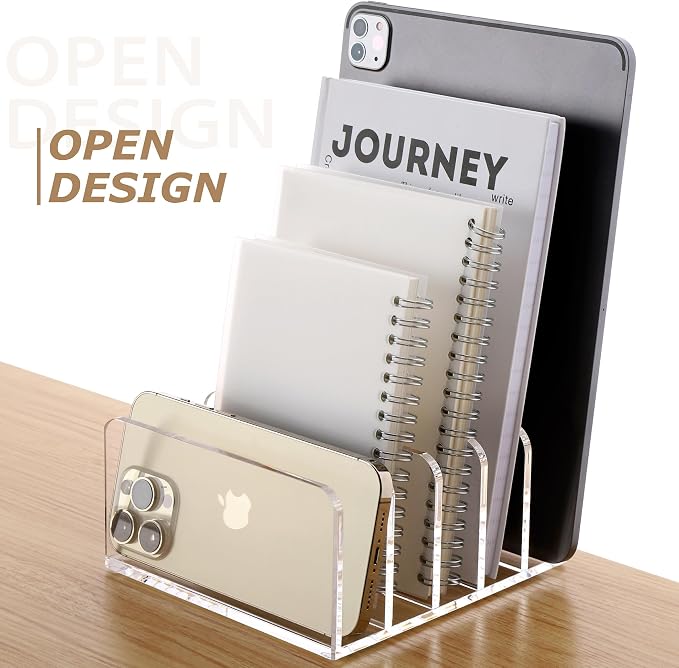 SANRUI Clear Mail Organizer Desk Sorter, Acrylic Letter File Holder 5-Slot | Office Document Mails Storage, Multifunction Letter Folder Racks Holders for Office,Home, School Desk Organization
