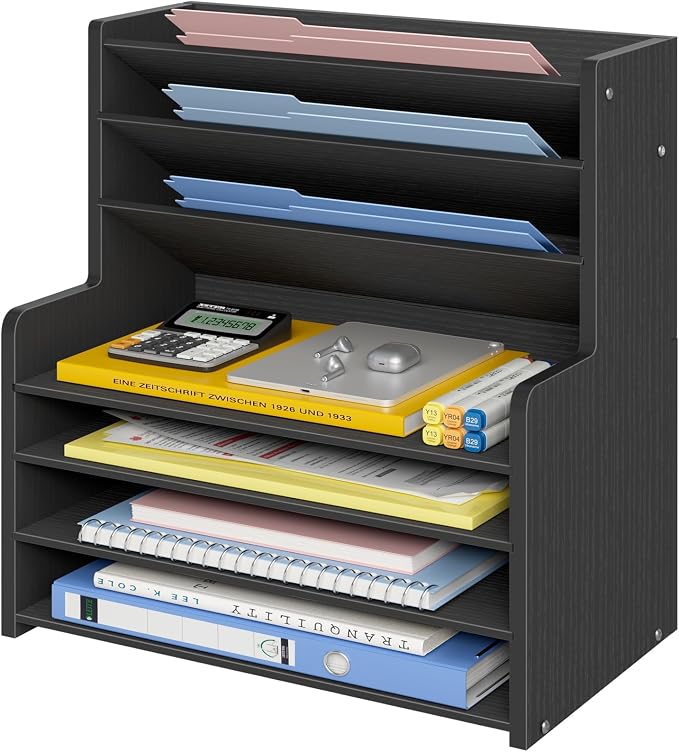 7 Tier Black Desk Organizer with File Holder, Wood Desktop Paper Organizer for Office Organization, Vertical Document Sorter and Letter Tray for Desk, School Storage Orgnizer Shlef