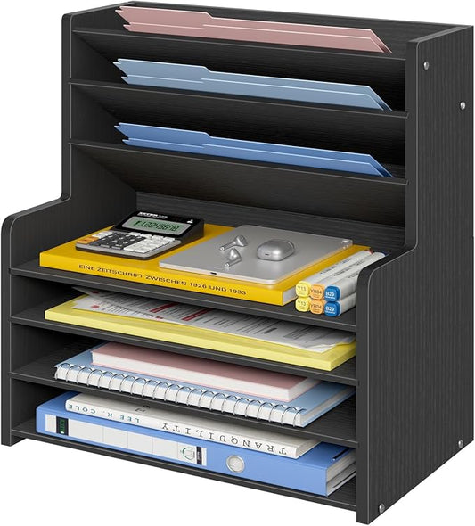 7 Tier Black Desk Organizer with File Holder, Wood Desktop Paper Organizer for Office Organization, Vertical Document Sorter and Letter Tray for Desk, School Storage Orgnizer Shlef