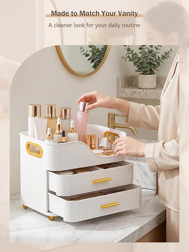 Booklov Large Makeup Organizer for Vanity, Bathroom Countertop, White | Plastic Cosmetic Display Case with Drawers, Beauty Brush Holder for Dresser Counter Skincare Eyeshadow Lipstick Storage