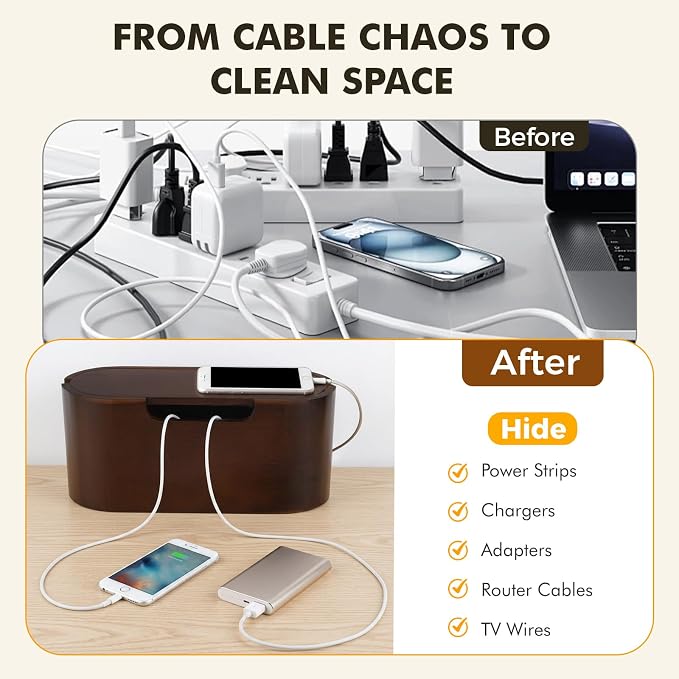 Wooden Cable Management Box with Lid, Decorative Cord Organizer for Power Strip & Charger Cables, Ventilation Holes & Side Slots, Solid Pine Wire Hider for Desk, Home Office, Dorm & Minimalist Setup