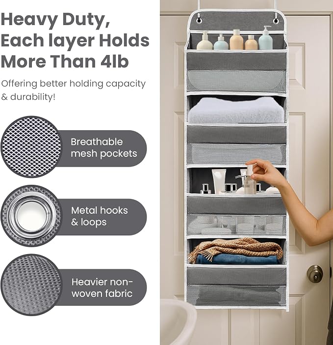 Over The Door Organizer 4 Shelves & 4 Side Pockets, Large Storage Rack | Anti-Tilt Hanging Door Storage for Closet Heavy-Duty Mesh Shelf for Bathroom, Closet, Toy Organization, Shoes, Towels, Grey
