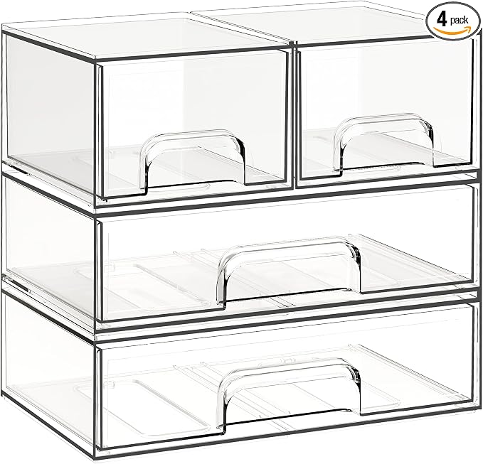 Stackable Storage Drawers, 4 Pack Clear Plastic Makeup & Bathroom Organizer, Versatile Storage Bins for Vanity, Under Sink, Kitchen Cabinets & Pantry