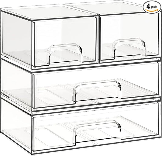 Stackable Storage Drawers, 4 Pack Clear Plastic Makeup & Bathroom Organizer, Versatile Storage Bins for Vanity, Under Sink, Kitchen Cabinets & Pantry