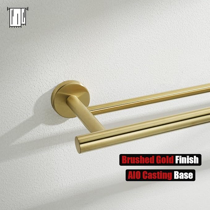 JQK Gold Double Towel Bar, 19 Inch 304 Stainless Steel Thicken 0.8mm Towel Rack Bathroom, Towel Holder Brushed Gold Wall Mount, Useable Length 16 Inch, TB100L16-BG