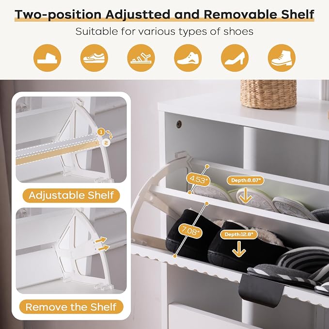 oakvivo Shoe Cabinet Storage, Farmhouse Freestanding Organizer with 2 Flip Drawers and 4 Wooden feet, Narrow Shoe Rack Cabinet for Entryway, Foyer, Hallway, White