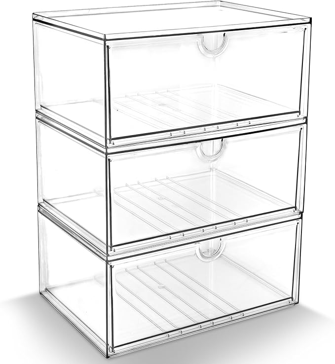 Prsildan Acrylic Makeup Organizer, 3 Pack Stackable Clear Storage Drawers for Baby Bottles Desk Organizers with 3 Drawers for Countertop Vanity Nursery Modular System for Cosmetics Jewelry