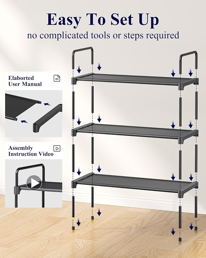 Kitsure Shoe Rack for Closet, Shoe Storage, 27.6" Wide - 3 Tiers, Black | Shoe Organizer for Closet, Entryway, Living Room, Space-Saving Shoe Shelf, Sturdy Zapateras Organizer