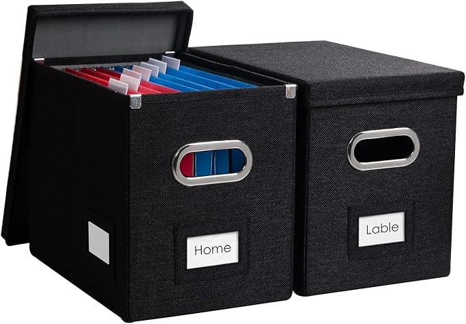 File Organizer Box - Set of 2 Collapsible Decorative Linen Filing Storage Hanging File Folders with Lids Office Cabinet Letter Size Black (14x9.3x10.8 inch)