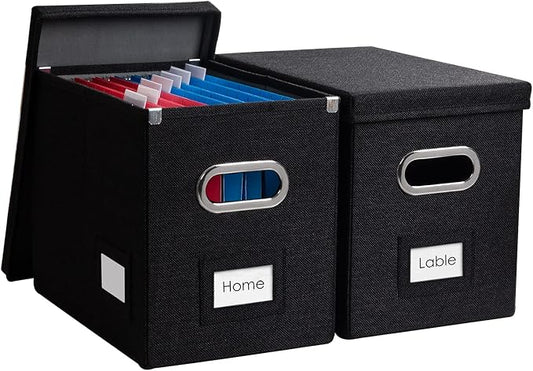 File Organizer Box - Set of 2 Collapsible Decorative Linen Filing Storage Hanging File Folders with Lids Office Cabinet Letter Size Black (14x9.3x10.8 inch)