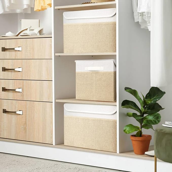 Bagnizer Large 42 Quarts Fabric Storage Bins with Lids [2-Pack] Linen Collapsible Foldable Baskets, Closet Organizer Containers boxes with Handles for Home Office (16.7 x 12 x 12, Beige & White)
