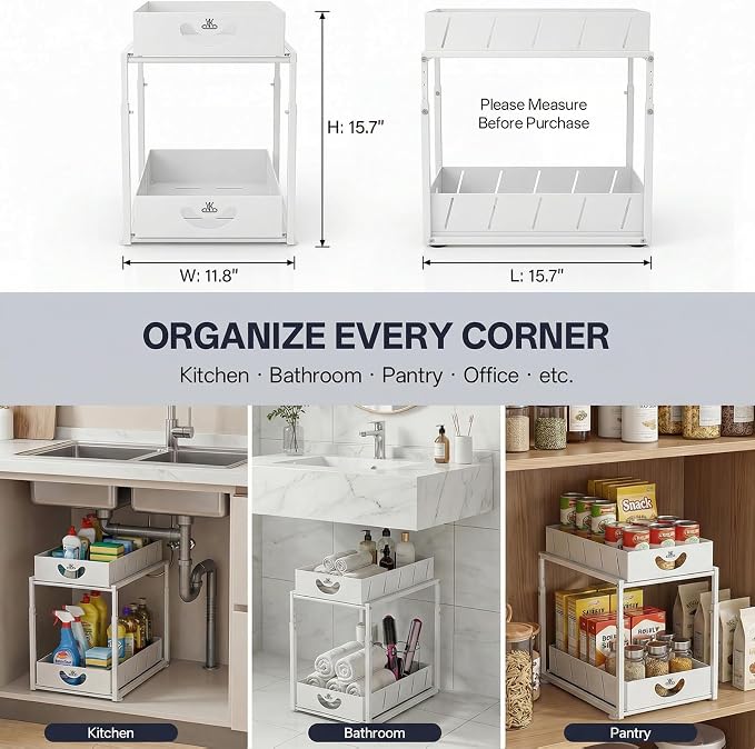 Adjustable Under Sink Organizer, 2 Tier Under Sink Organizers and Storage,Slide Out Metal Cabinet Organizers, Pull Out Cabinet Storage Drawer Shelf for Kitchen Bathroom (1, white)