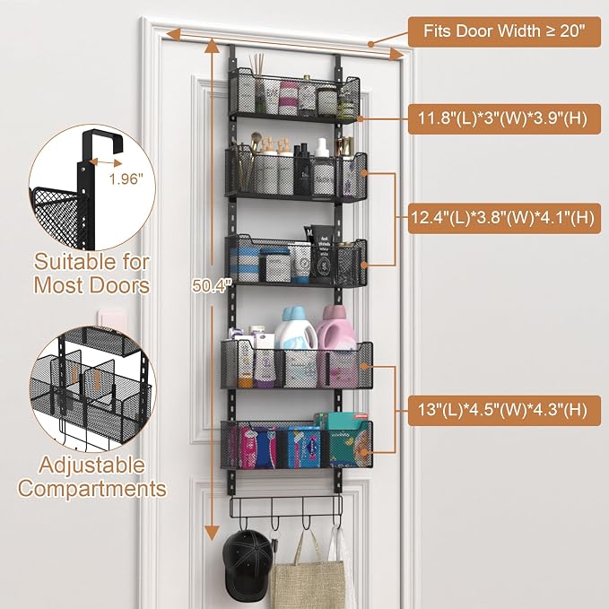 VyGrow Over The Door Organizer, Metal Door Organizer Hanging with 5 Adjustable Baskets and Coat Hook, Behind The Door Storage for Bedroom Closet Bathroom Pantry Cabinet Kitchen, Black
