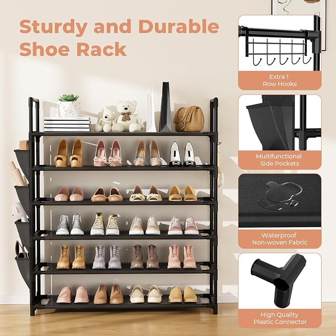 LANTEFUL 6 Tier Shoe Rack, Shoe Organizer Storage for 24-30 Pairs Shoe and Boot, Long Shoe Shelf with Hook and Side Pocket Free Standing Tall Shoe Rack Organizer for Closet, Entryway, Dorm