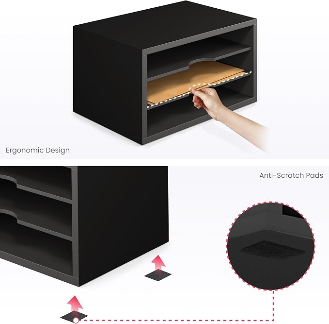 Ballucci File Organizer, 3-Tier Document Paper Sorter, Stackable Wood Desk Organizer, Mail Sorter and Monitor Stand with Storage Shelves, Black