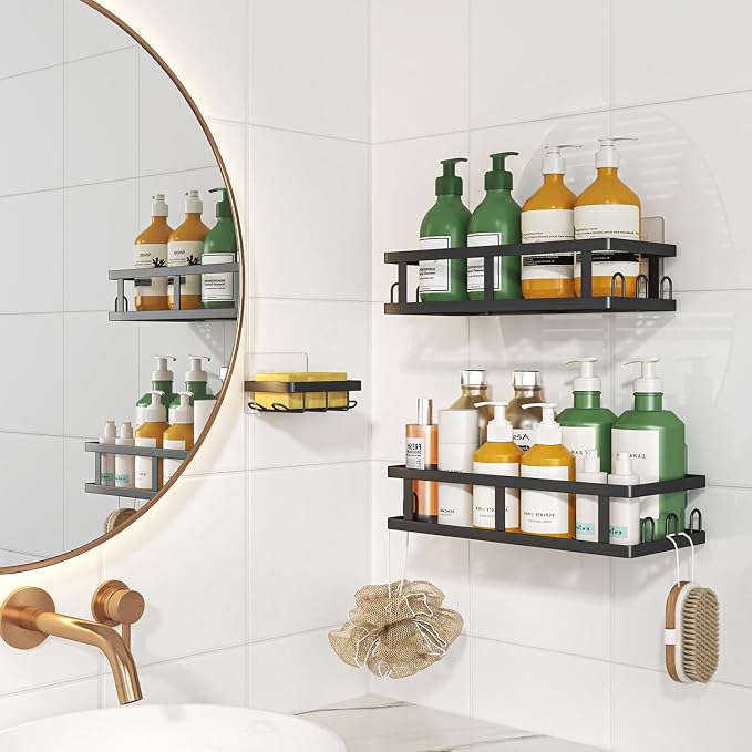 Youvip Shower Caddy Adhesive,No Drill Bathroom Organizer with Soap Holder,Large Capacity Rustproof Shelves for Inside Shower,Bathroom Organizers and Storage,Black