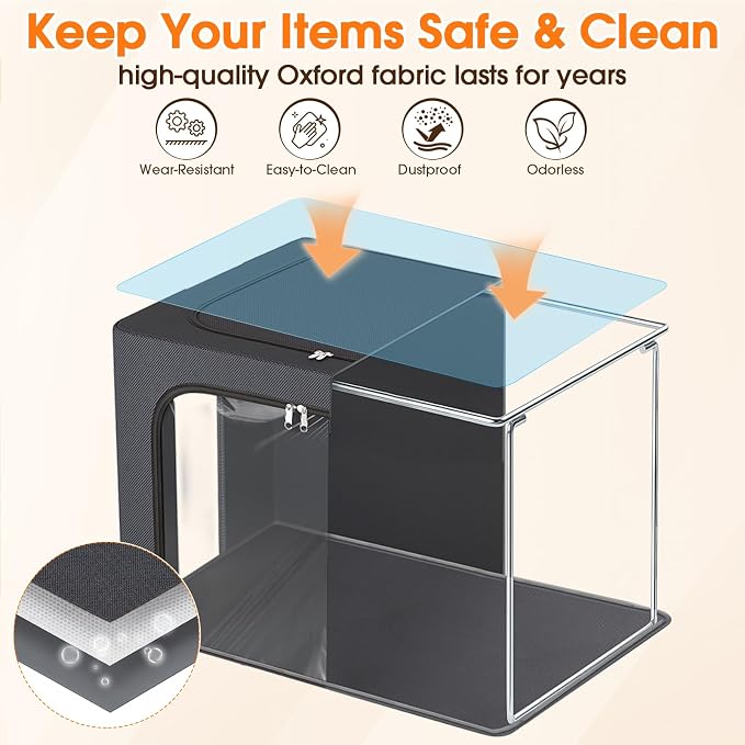 4 Pack Clothes Storage Bins with Metal Frame, Light Grey, 40L | Foldable Storage Boxes with Clear Window, Front & Top Zipper Openings, Stackable Organizer with Handles for Closet & Bedroom