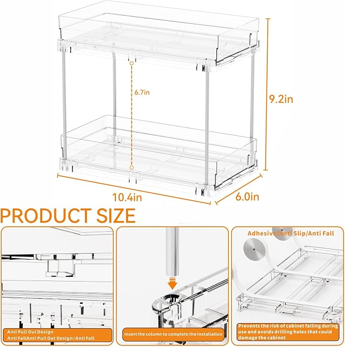 2 Set,2 Tier Pull Out Cabinet Organizer for Supplement and Medication Bottle Organizers,10.4" Deep Pantry Organizers Drawer and Sliding Clear Under Sink Organizer for Bathroom Vanity and Under Counter