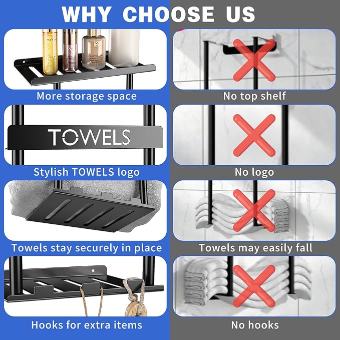 2-Tier Wall-Mounted Towel Rack with Hooks & Shelf, Black Metal Towel Holder for Small Bathrooms (Standard Version)