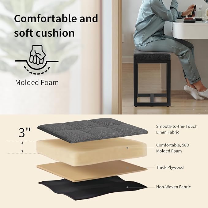 Vanity Stool, Vanity Chair Stools for Makeup Room, Square Linen Makeup Stool for Vanity, Modern Padded Vanity Bench Small Ottoman Foot Rest Stool for Bedroom Living Room, Dark Grey & Black