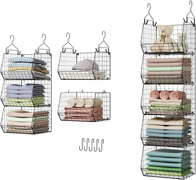 X-cosrack 5 Tier Closet Hanging Organizer, Clothes Hanging Shelves with 4 Hanging Hooks 5 S Hooks, Wire Storage Basket Bins, for Clothing Sweaters Shoes Handbags Clutches Accessories Patent Design