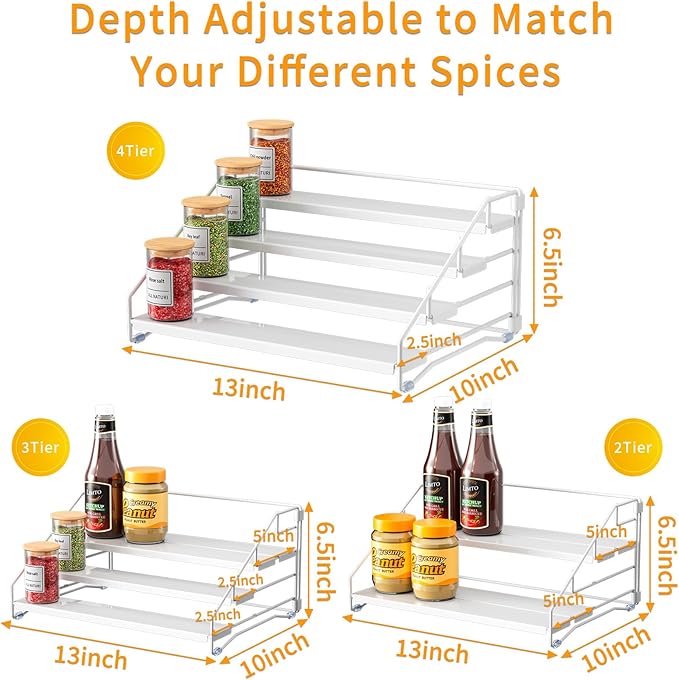 Spice Rack Organizer for Cabinet, Depth Adjustable 4 Tier Spice Rack,1 Pack | White, Metal Spice Organization for Cabinet, Easy Visibility, Tiered Spice Rack Perfect for Cabinet, Pantry and Countertop