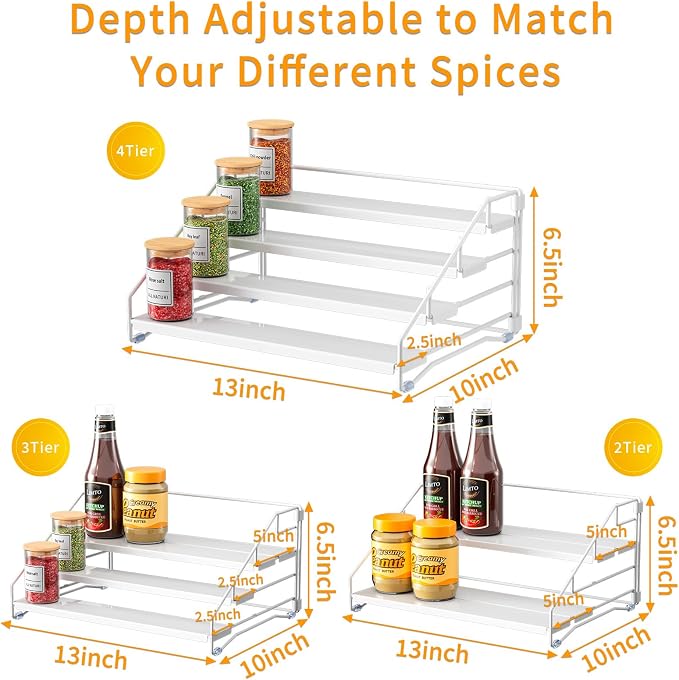 2 Pack Spice Rack Organizer for Cabinet, Depth Adjustable 4 Tier Spice Rack | White, Metal Spice Organization for Cabinet, Easy Visibility, Tiered Spice Rack Perfect for Cabinet, Pantry and Countertop