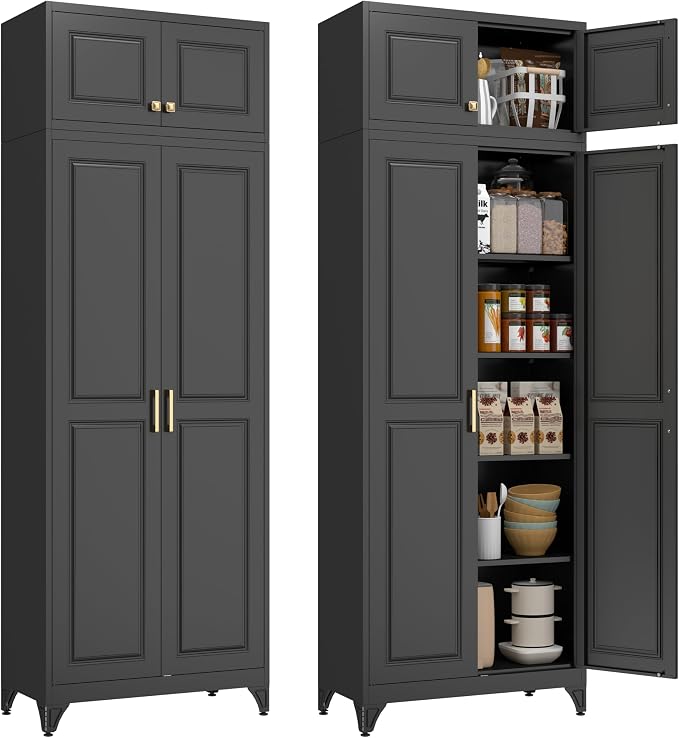 Polup 90" Pantry Cabinet, Tall Metal Storage Cabinet with Doors and Shelves | Black Kitchen Cabinet, 5 Adjustable Shelving, Heavy-Duty, 2 Gold Handles, 4 Standing Feet, for Dining Room Garage & Laundry