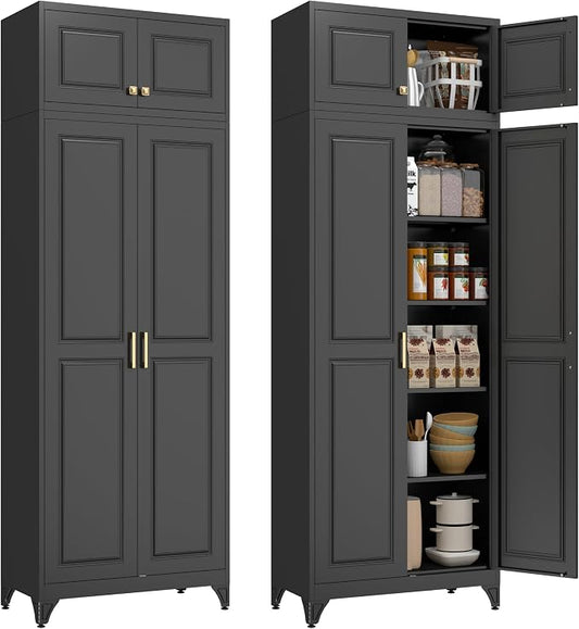 Polup 90" Pantry Cabinet, Tall Metal Storage Cabinet with Doors and Shelves | Black Kitchen Cabinet, 5 Adjustable Shelving, Heavy-Duty, 2 Gold Handles, 4 Standing Feet, for Dining Room Garage & Laundry