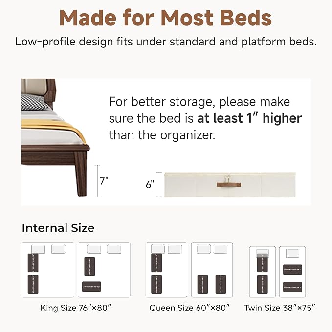 StorageWorks Underbed Storage Containers with Lids, 2-Pack 6" Low Profile Under Bed Organizers for Clothes, Bedding and Sweaters, 53L Large Fabric Storage Bins, Foldable Space Saving, Beige