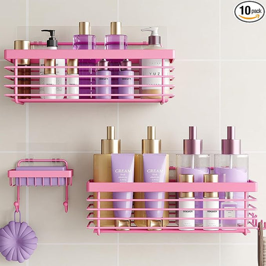 Shower Caddy Adhesive 3 Pack Stainless Steel Storage Organizers-Pink | No drilling wall mounted,rust-resistant,large capacity,quick drainage,easy to clean,suitable for bathrooms and kitchens