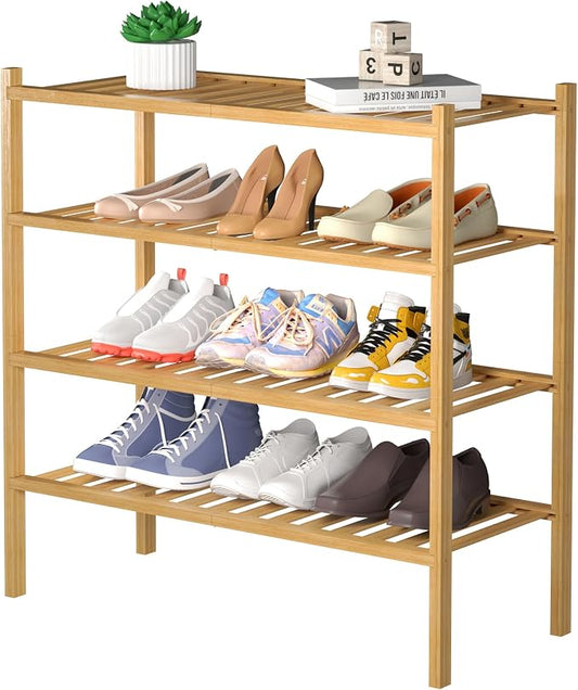 ROMGUAR CRAFT 4 Tier Bamboo Shoe Rack for Closet Free Standing Wood Shoe Shelf for Entryway Small Space Stackable 27"x11"x26" (Natural)