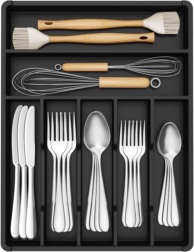 Lifewit Silverware Drawer Organizer Tray, Plastic Cutlery Storage for Kitchen, Flatware and Utensil Holder Divider for Spoons Forks Knives Tableware, 12.3 x 16", 7 Slots, Black