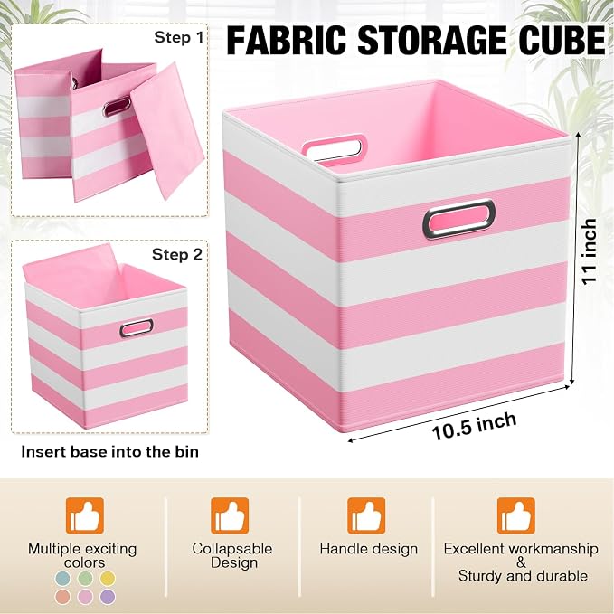 CroBlissful 11 Inch 6 Pack Fabric Storage Cubes with Metal Handles, Back to School Collapsible Organizer Bins for Classroom, Closet, Student Room, Toys and School Supplies (Macaron Color)